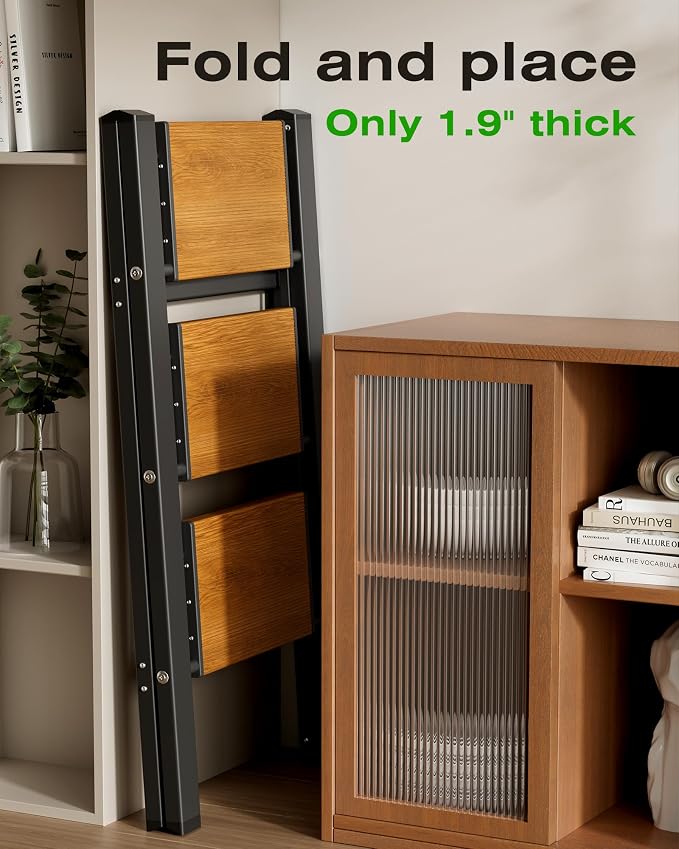 Taranta 3 Step Ladder,Aluminum Lightweight Folding 3 Step Stool with Anti-Slip Wide Pedal, 330lbs Capacity Step Ladder for Household,Kitchen,Office - BlackWoodgrain