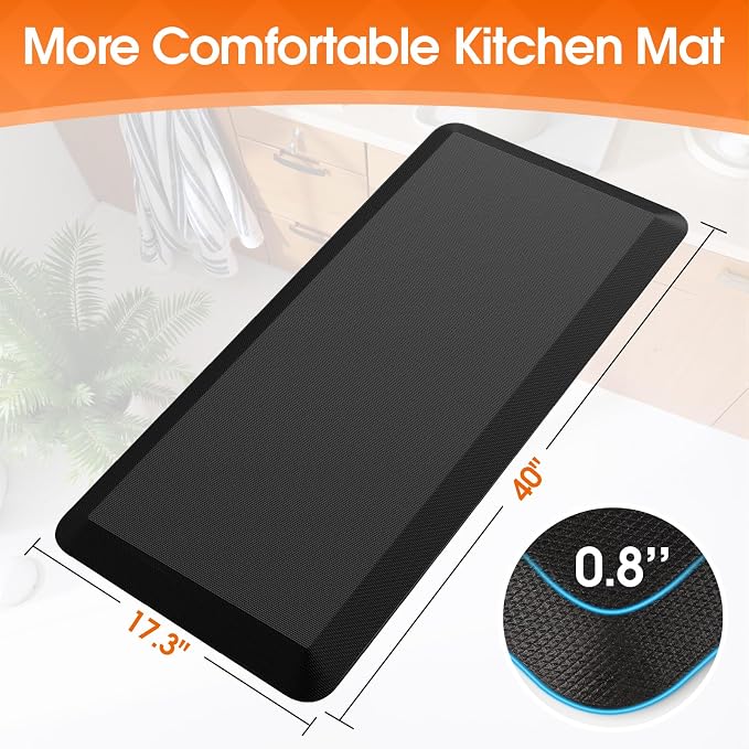 4/5 Inch Thicker Kitchen Mat, Cushioned Thick Floor Comfort Mat, with Non-Slip Bottom, Water & Stain Resistant, Easy Clean Standing Desk Mat for Kitchen, Sink, Office (17.3"x39"x0.8", Black)
