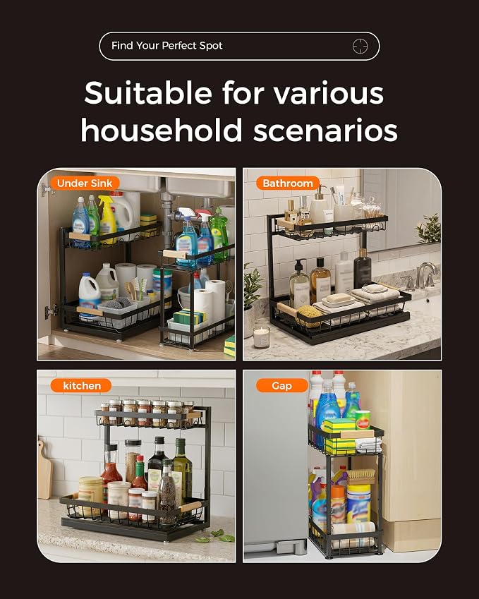 Sevenblue 2 Packs Under Sink Organizer, Height Adjustable 2 Tier Under Kitchen Sink Organizer, Multi-Purpose Storage Shelf for Kitchen Bathroom Cabinet (Black, Large)