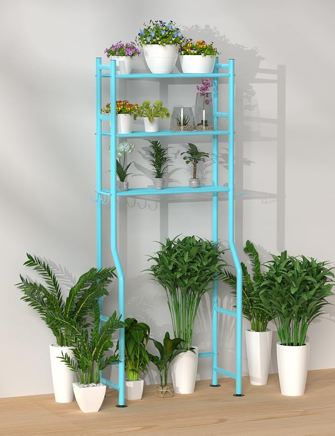 Livilord 3-Tier Over The Toilet Storage, Freestanding Metal Bathroom Shelves with 4 Hooks, Over Toilet Storage Shelf with Paper Holder, Above The Toilet Shelf for Bathroom Storage, Blue