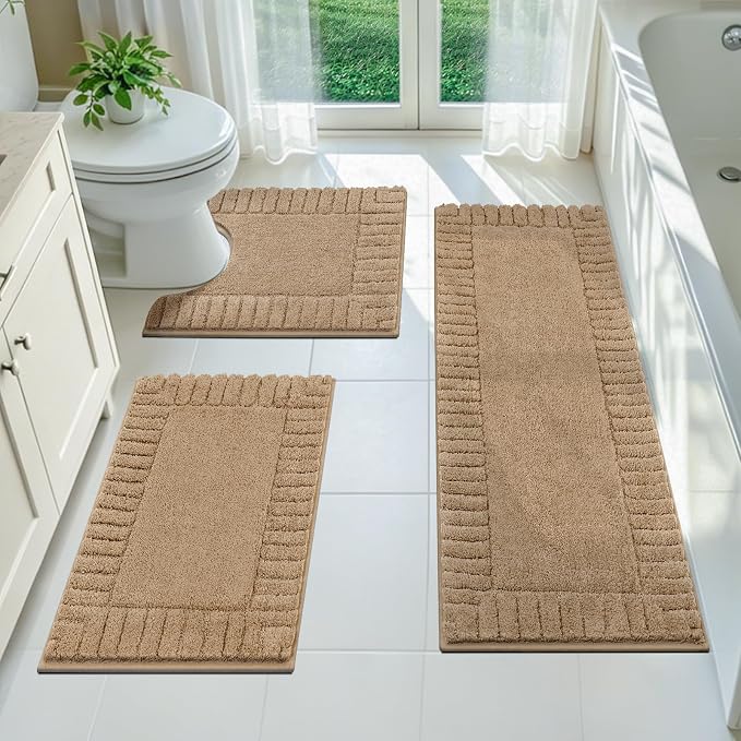 Pauwer Bathroom Rugs Sets 3 Piece Non Slip Machine Washable Bathroom Shower Rugs with U-Shaped Contour Toilet Mat Plush Shaggy Absorbent Microfiber Bath Mat Set, Khaki