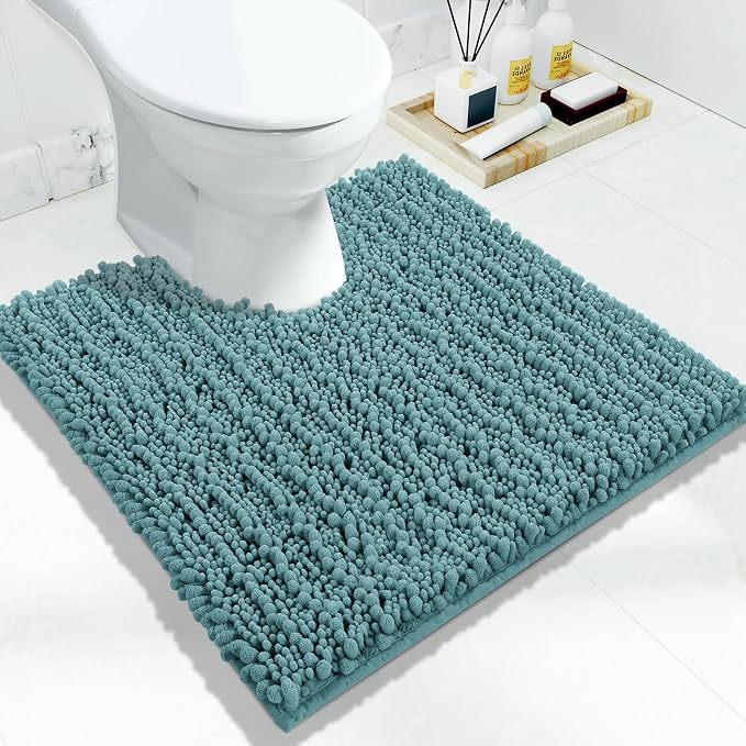 Yimobra Toilet Rug U Shaped Washable 24x24 Inch - Ultra Soft Absorbent Chenille Bath Rugs for Toilet, Quick Dry & Machine Washable, Non Slip Contour Bathroom Mat, Teal Blue