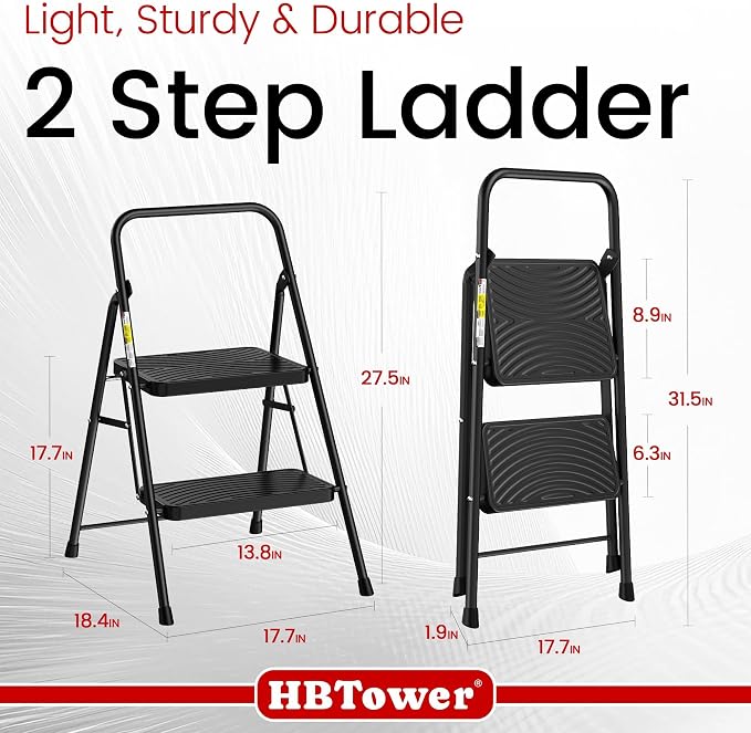 HBtower Step Stool, 2 Step Ladder with Wide Anti-Slip Pedal, Step Ladder Folding Step Stool for Adults, Lightweight Steel Portable ladders for Home Kitchen