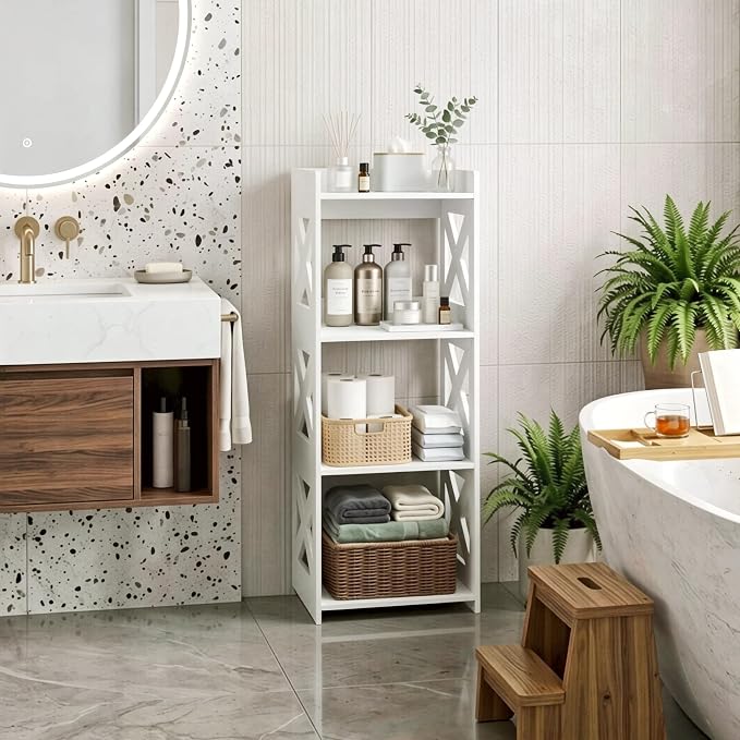 Small Bathroom Storage Corner Shelf, Waterproof PVC Narrow Floor Stand, Slim Gap Filler Organizer for Toilet Side, Laundry Room, Shower, Kitchen Spice Rack, White Restroom Holder (4-Tier)