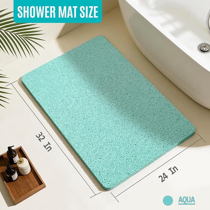 Joyhalo Shower Mat Bathtub Mat Non Slip, Bathmats Non Slip, Quick Drying Foot Scrubber Loofah Mats for Shower, Tub, Bathroom, Home,32x24inch, Aqua