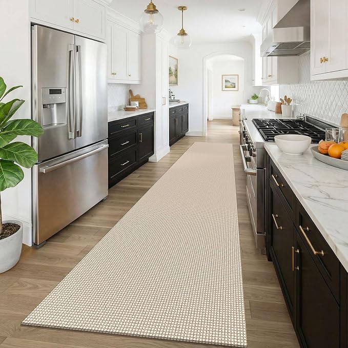 KOZYFLY 3x16 Runners Rugs for Hallway, Extra Long Washable Runner Rug, Non Slip Rubber Backed Kitchen Runner, Cotton Entryway Rug, Floor Carpet for Entry, Aisle, Hall, Ivory/Camel/Brown