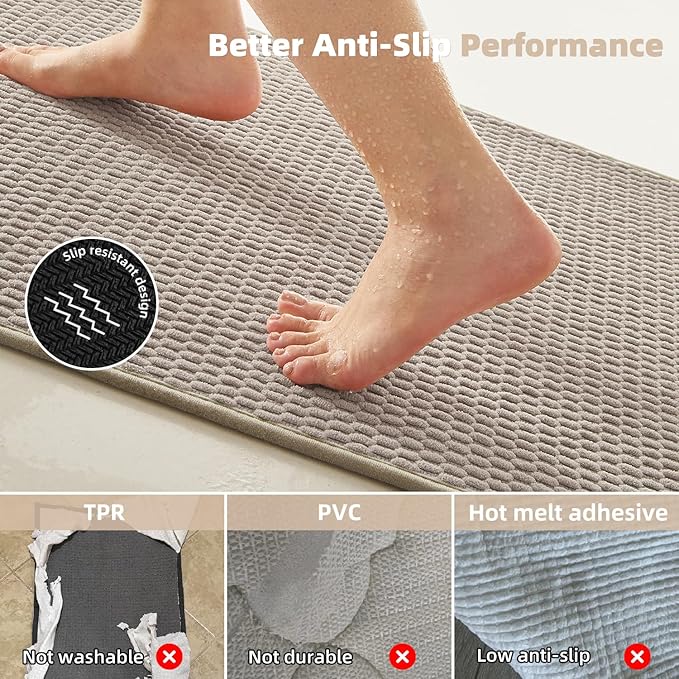 TYUU Bathroom Runner Rug, Long Bath Mat Washable Thin Quick Dry Low Pile Bathroom Runner Rugs 24 x 60 Non Slip, Beige 24"x60"