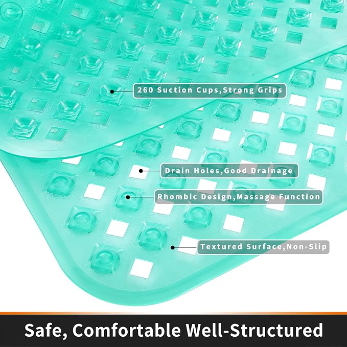 Yimobra Bathtub Mat Non Slip, 35"X16" Shower Mat with Strong Suction Cups&Drain Holes, Long Anti Slip Bath Tub Mat for Inside Shower, Machine Washable Fast Drying, Bathroom Essentials, Clear Green