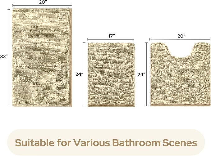 HOMEIDEAS 3 Pieces Bathroom Rugs, Ultra Soft Non Slip Absorbent Chenille Toilet Bath Mat Set (Beige)