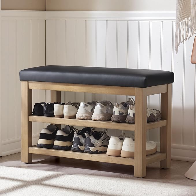 Zihanhome Shoe Rack Bench with Leather Cushion, 2 Tier Solid Wood Storage Bench, Mid-Century Modern Shoe Bench for Entryway, Hallway, Closet, Front Door Entrance, Foyer (Black, 31.5)