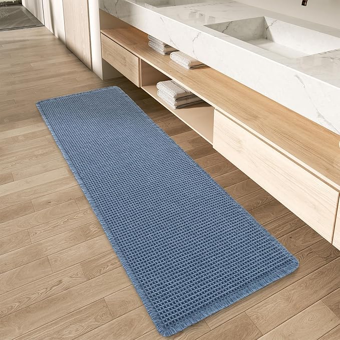 AMOAMI Upgraded Waffle Runner Rug Super Absorbent Non Slip Bath Mats for Bathroom Floor Washable Bathroom Runner Rug with Tassels, Ideal for Hallway Bedroom Laundry Room, Blue, 2' x 6'(24" x 72")
