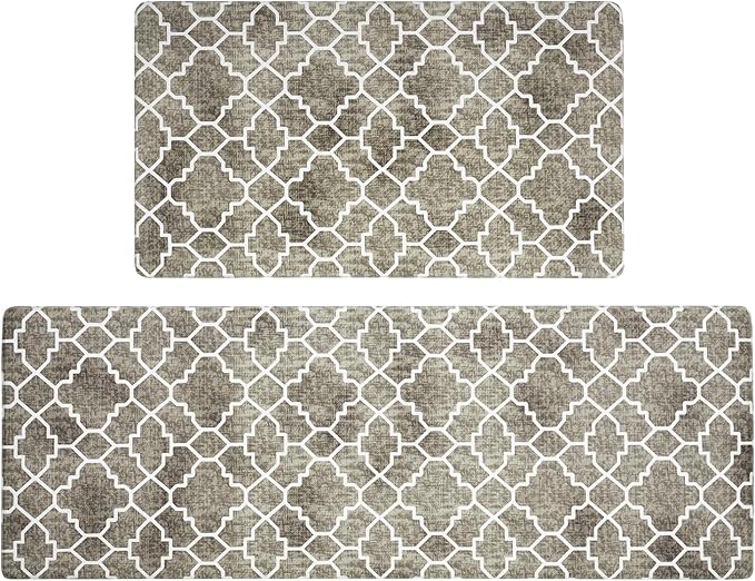 FRESHMINT Kitchen Mat Set of 2, Anti-Fatigue Cushioned Kitchen Mats for Floor, Waterproof Non Slip Comfort Standing Mat, Boho Kitchen Rug for Kitchen Decor, Sink, Office, 17"x30"+17"x47", Khaki Tan