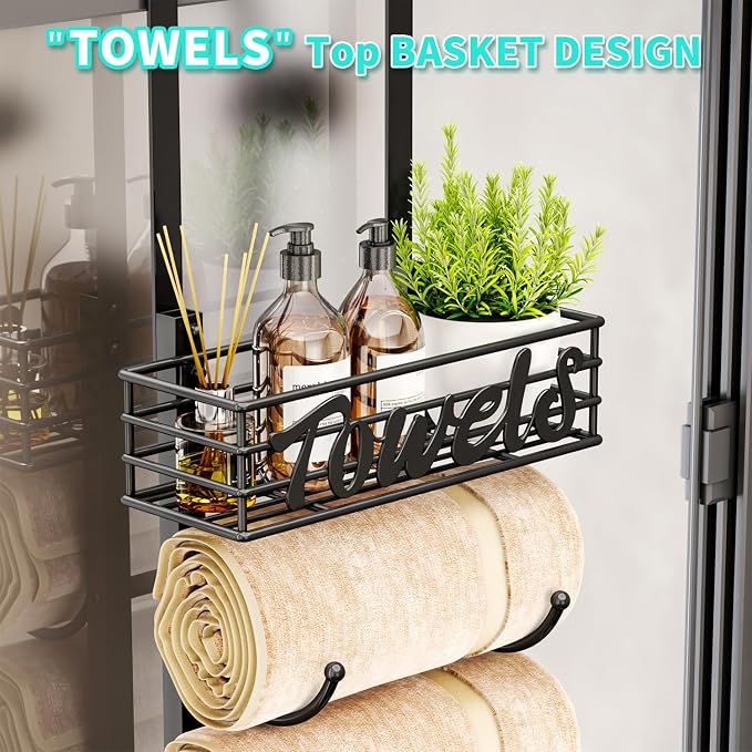 HapiRm Towel Racks for Bathroom Storage - 6 Tier Over The Door & Wall Mount Rolled Towel Storage Organizer Holder with Metal Shelf Basket for Small Bathroom, Camper, Rv - Black, Patented