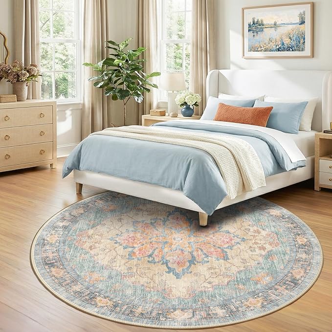 RELEANY Area Rugs Round 8ft Washable Non-Slip, Floral Vintage Distress Medallion Carpet for Living Room Bedroom Dining Room, Blue Orange Red