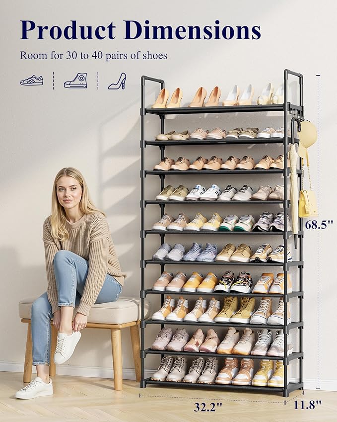 Kitsure Shoe Rack for Closet - 10-Tier Shoe Organizer with Hook Rack, Large-Capacity & Space-Saving Shoe Shelf for Entryway, Bedroom, Living Room,32.2" x 11.8" x 68.5", Black