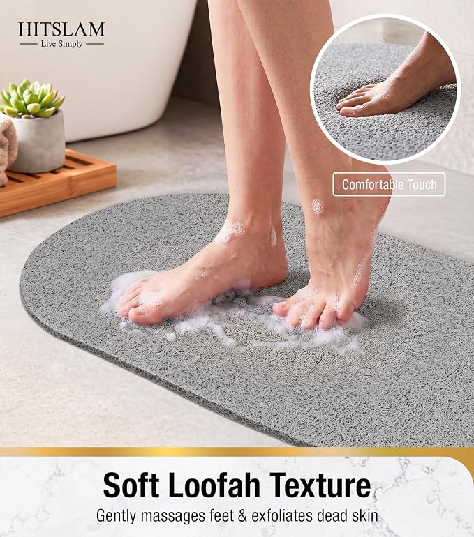 HITSLAM Oval Loofah Shower Mat Non Slip, 27x16 Inch Bath Mat for Textured Tub & Inside Shower Stall, No Suction Cups Quick Drying PVC Porous Floor Mat, Soft Foot Exfoliating Bathtub Mat, Grey