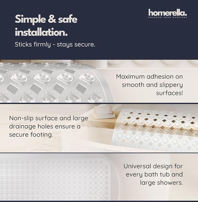 Bathtub Mat Non Slip 35x16 - homerella® Bath Mat Incl. Hooks for Drying, Extra Long, 100% BPA Free, Shower Mat Non Slip Anti Mold, Machine Washable, Shower Mats for Inside Shower Mildew Resistant