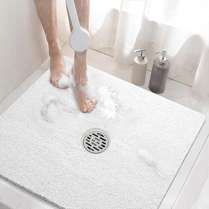 HITSLAM Square Shower Mat, 24 x 24 Inch Non Slip Bath Mat for Tub, Soft PVC Loofah Bathtub Mats with Drain Holes, Quick Drying Bathroom Stall Floor Mat, Bathroom Accessories Without Suction Cup, White