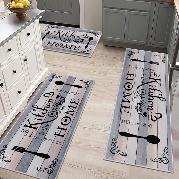 Vaukki Boho Kitchen Rug Sets 3 Pieces, Washable Kitchen Mats for Floor, Non Slip Soft Kitchen Area Rug Floor Mat for Kitchen, Laundry Room and Hallway (Grey and Beige, 20''x32''+20''x47''+20''x59'')
