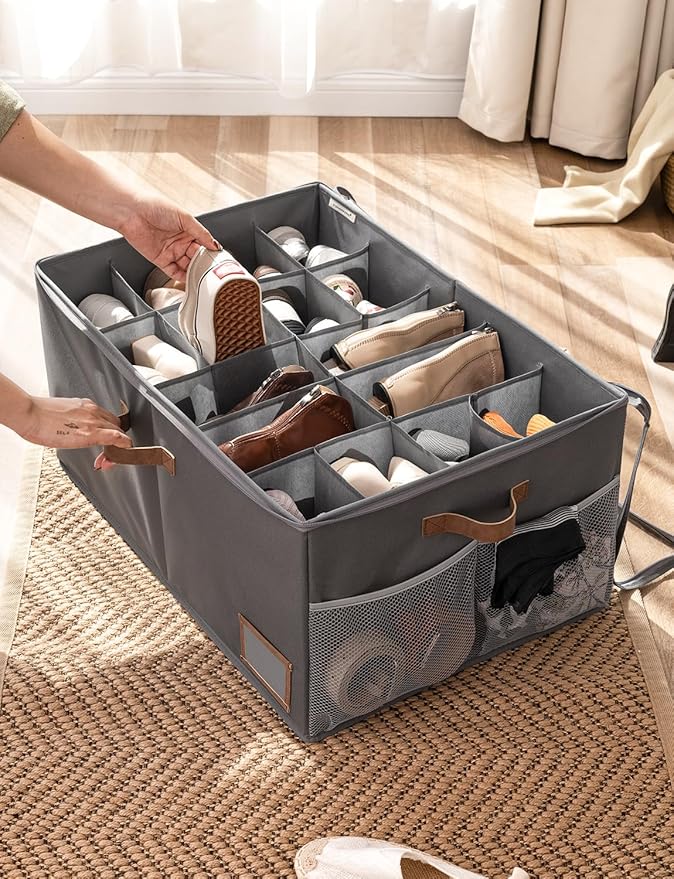StorageWorks Shoe Organizer for Closet, Shoe Storage Containers for Entryway, Fabric Shoe Storage Organizer for Slippers and Flats, Shoe Storage Bins with Side Mesh Pocket, Fits up to 20 Pairs, Grey