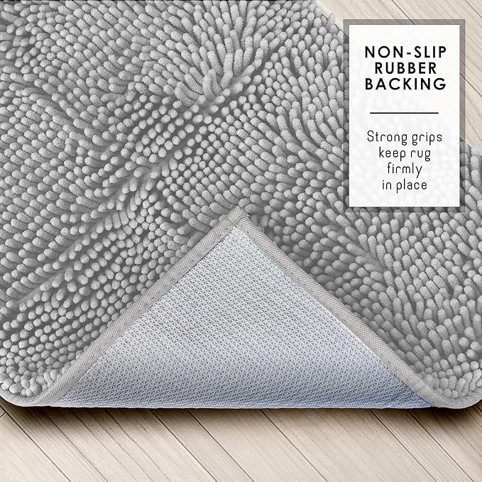 Hearth & Harbor Bathroom Rugs, Chenille Bath Mat - Machine Washable Bath Mats for Bathroom Non-Slip Backing Rubber, Quick Dry Mat - Silver Bath Rug, 17x24-26x44-20x24
