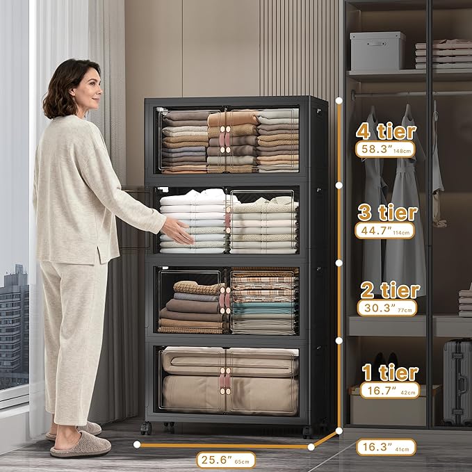 UAMFURI Stackable Storage Bins with Lids, 896QT Closet Organizers and Storage with Doors and Wheels, Extra Large Storage Cabinet, Collapsible Plastic Drawers for Bedroom Dorm Office Garage