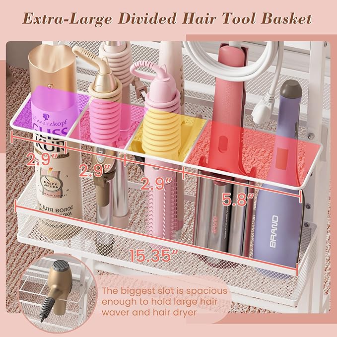 Hair Tool Organizer Cart with Hair Dryer Holder, Narrow Bathroom Storage Cart for Curling Flat Iron & Hot Tools, Slim Hair Appliance Organizer for Vanity Styling Tools, Salon Cart with Tray on Wheels
