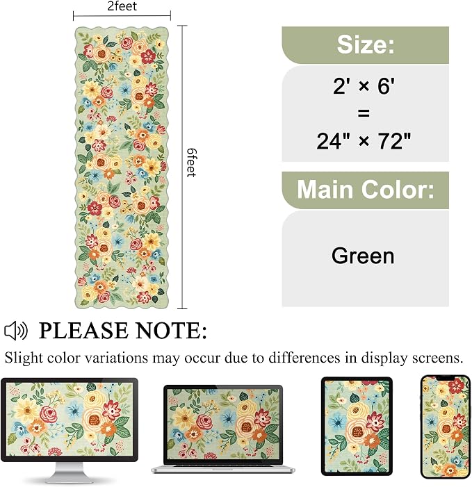 DUKINO 2x6 Runner Rug for Hallway, Washable Kitchen Rug with Non Slip Backing & Non-Shediing, Soft Low Pile Floral Design Runner for Bedroom, Kithchen, Living Room, Laundry, Bathroom, Green