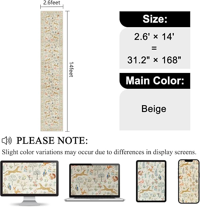 DUKINO 2.6x14 Hallway Runner Rug, Vintage Washable Long Kitchen Rug with Non Slip Backing, Stain Resistant & Low Pile Animal Print Floor Carpet for Indoor Entrance Bathroom, Laundry, Bedroom, Beige