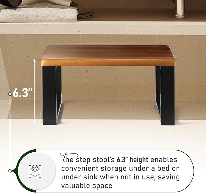 2BHOME Wooden Step Stool, Heavy Duty One Step Stool for Adults, Wooden Stepping Stool with 450Lbs Capacity for Kitchen & Bathroom, Non-slip Wood Bedside Bed Steps with Robust Steel Frame for High Beds