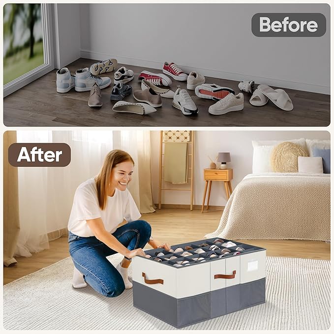 Shoe Organizer for Closet, 1 Pack Shoe Storage Container with Adjustable Dividers, Space Saving Shoe Box Storage Organizer Bin with Clear Lid and 4 Handles, Fits 12-24 Pairs, Beige & Grey