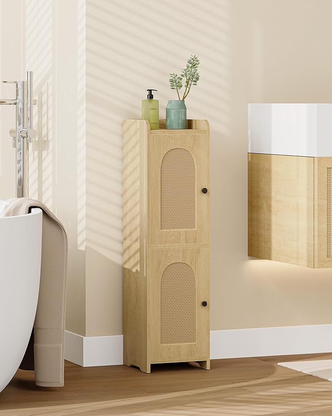 Hzuaneri Bathroom Storage Cabinet, Small Corner Floor Cabinet with 2 Doors and Adjustable Shelf, Narrow Toilet Paper Cabinets, Bathroom Organizer for Small Spaces, 7.9"D x 7.9"W x 29.5"H Rattan Yellow