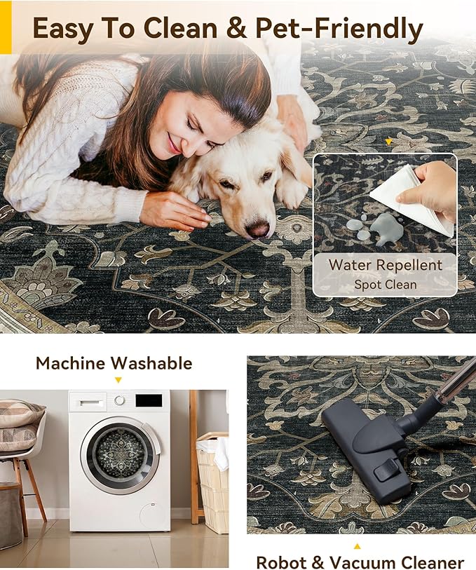RELEANY Area Rugs Round 10ft Washable Non-Slip, Floral Vintage Distress Medallion Carpet for Living Room Bedroom Dining Room, Vintage Black Brown Neutral
