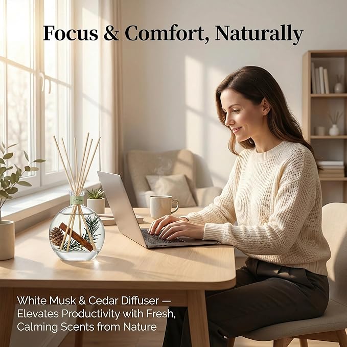 Cedar Wood & White Musk Essential Oil Reed Diffuser for Home&Office, Luxury Hotel Collection Diffuser Oil Inspired by Ritz Carlton, Bathroom,Bedroom&Living Room Shelf Decor,Non-Toxic & Gift Ready
