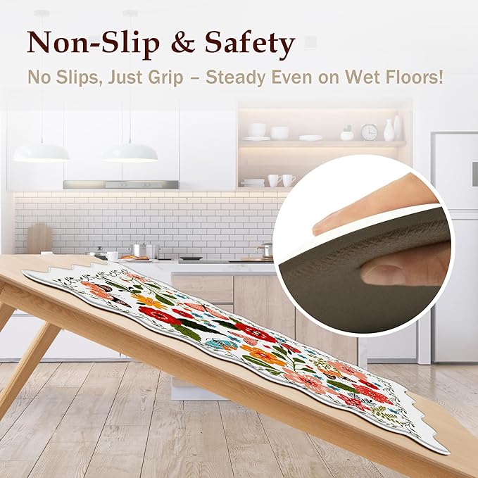Arenarug Scalloped Kitchen Mats for Floor 2PC Cushioned Anti Fatigue Kitchen Mats Rugs Waterproof Non Slip Farmhouse Boho Floral Comfort Foam Standing Mat for Sink Laundry, White