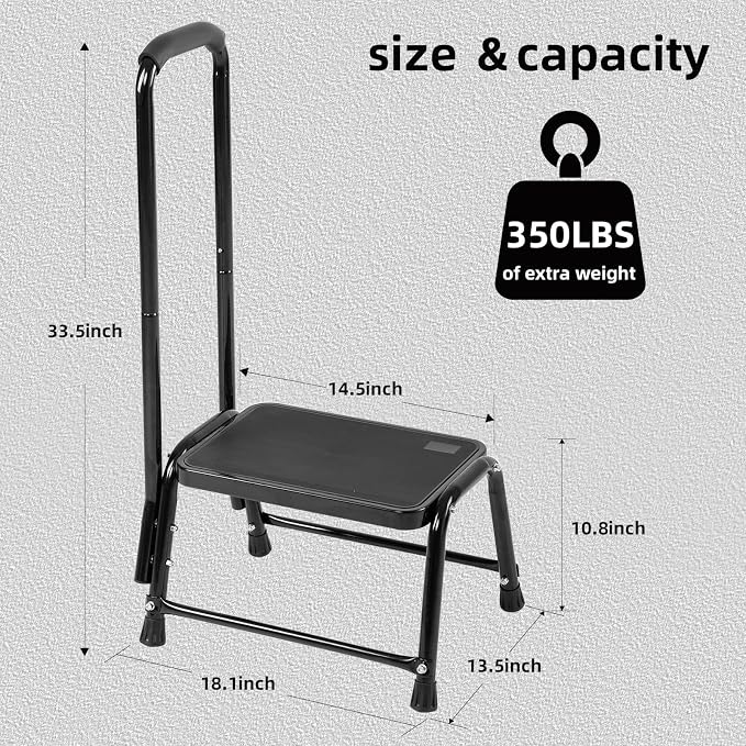 Step Stool with Handle for Adults，Seniors Heavy Duty Holds 350 lbs.Stepping Stool for Elderly Adults, Attractive Black for Kitchen