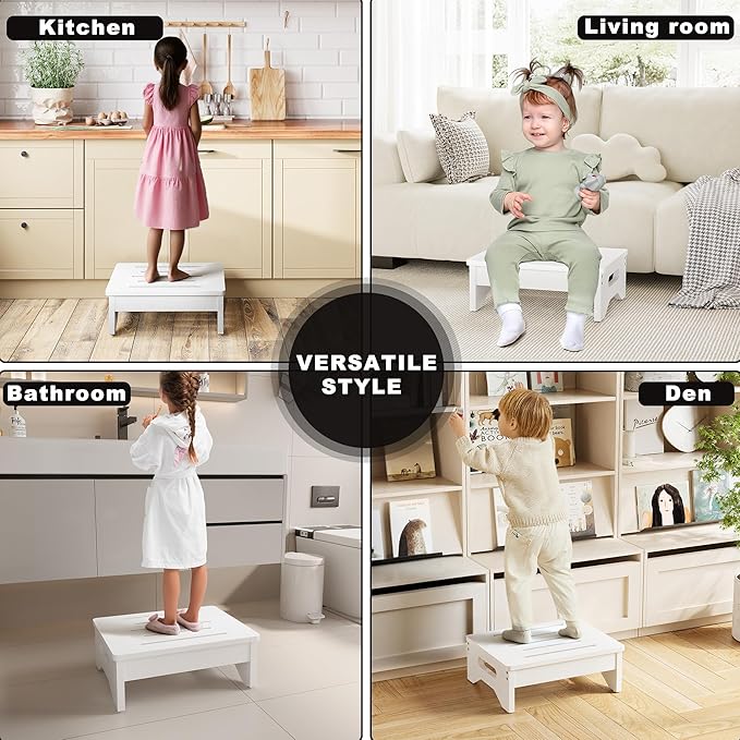 Wooden Step Stool for Adults & Kids, Non-Slip Rubber Feet, 6.5 INCH High, Lightweight Small Step, 450 LBS Capacity, Bed Step Stool for High Bed, Bathroom & Kitchen (White)