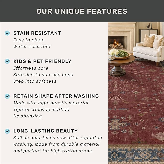 Burgundy 3x10 Long Runner Rug for Hallway - Washable Large Kitchen Rug, Low Pile Thin Carpet for Bedroom Bedside, Foyer, Non Slip Unique Bohemian Red Décor