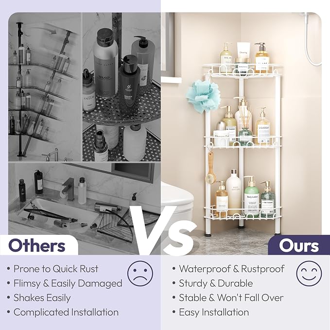 SWTYMIKI Standing Shower Caddy Corner - 3‑Tier Stainless Steel Shower Organizer Shelf with 12 Hooks and Adhesive Pads, Rustproof Corner Shelves Stand Rack for Bathroom Shower Room, white