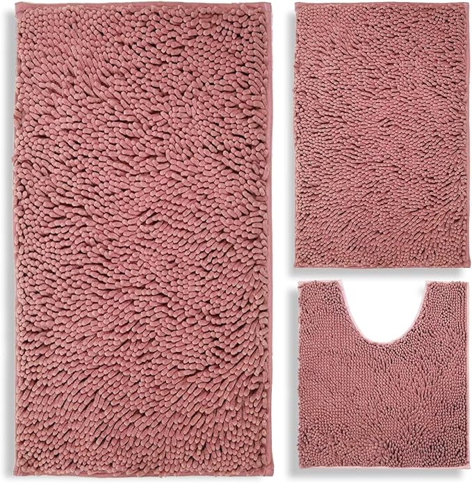 Bathroom Rugs Chenille 3-Piece Extra Soft and Absorbent Shag Bathroom Rugs, Machine Wash Mat, Strong PVC Non-Slip Underside, Plush Carpet Mats (Deep Pink)