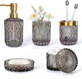 LaMarriti Gray Bathroom Accessories Set, 5Pcs Glass Bathroom Set, Soap Dispenser and Toothbrush Holder Set, Soap Dish, Q-Tips Holder Set, Black and Gold Accent for Vintage Bathroom Decor