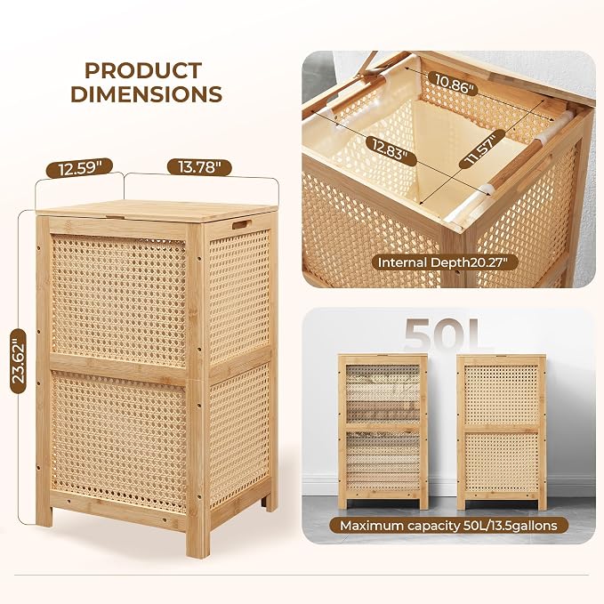 TIOPGHAD Bamboo-Laundry-Hamper-Wicker-Basket-with-lid Large Wood Laundry Hampers Basket Bin Storage Organizer for Dirty Clothes, Laundry Room, Bathroom, Bedroom, Living Room(13Gallon/50L)