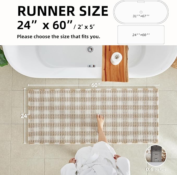 TYUU Waffle Runner Rug Bathroom, Long Boho Bathroom Rugs Non Slip Washable Absorbent Checkered Bathroom Mat Quick Dry Farmhouse Bath Mat, 60"x24" Khaki and White