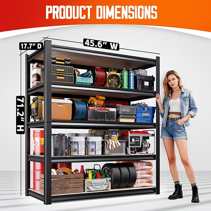 Set of 7-46" W Garage Shelving-2050 lbs 5 Tier Storage Shelves,Adjustable Heavy Duty Metal Shelving Unit and Storage Large Rack,Utility Steel Shelf for Warehouse Industrial Pantry 71"x46"x18"