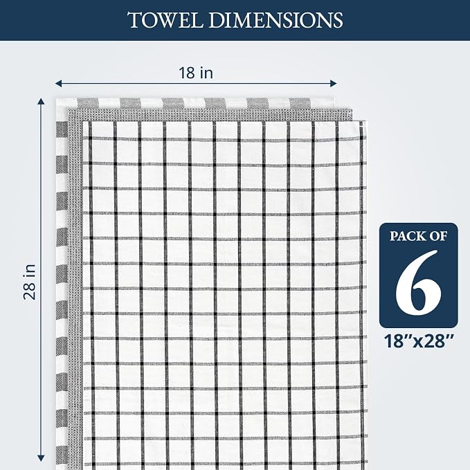 LANE LINEN Kitchen Towels Set – Pack of 6 Cotton Dish Cloths, 18”x28”, Soft & Quick-Drying Tea Towels for Cleaning – Black