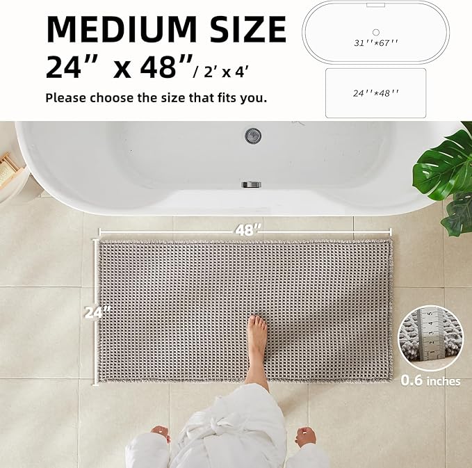 TYUU Waffle Bath Mat, Boho Bathroom Rugs Non Slip Washable Super Absorbent Quick Dry Bath Mat Farmhouse Bathroom Decor, 48"x24" Light Grey