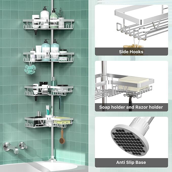 DAOYA Shower Caddy Tension Pole - Corner Shower Shelves with Soap Holder Bathroom Shower Organizer for Tub (Stainless Steel, Silver, Floor to Ceiling 25-114.2 inch)