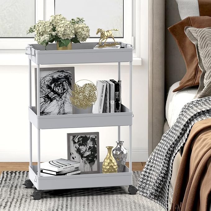 SPACELEAD 3 Tier Rolling Cart with Wheels, Storage Craft Art Trolley Organizer Serving, 3 Hanging Baskets Easy Assembly, for Office, Living Room, Kitchen, Gray