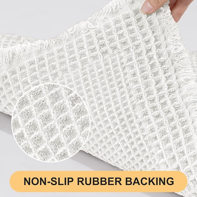 Upgrade Waffle Bath Mat Set 2 Piece, Boho Bathroom Rugs Absorbent Non Slip, Ultra Soft Bathroom Mat, Machine Washable Knit Bath Rugs with Herringbones for Bathroom, Bedroom, Kitchen, Shower, White