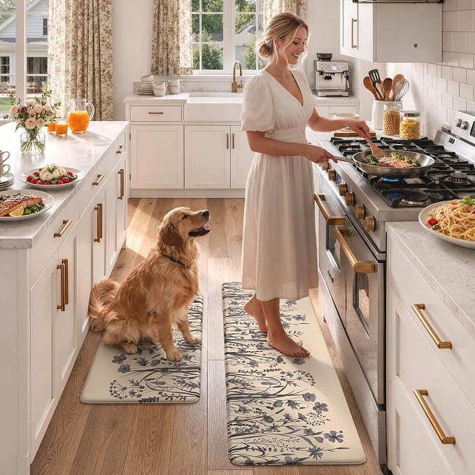 KIMODE Anti Fatigue Kitchen Mats for Floor, Farmhouse Kitchen Rugs Sets of 2, Cushioned Kitchen Floor Mats, Comfort Standing Mat for Sink, Laundry, Office, Desk Brown/Grey 17"x47"+17"x29"